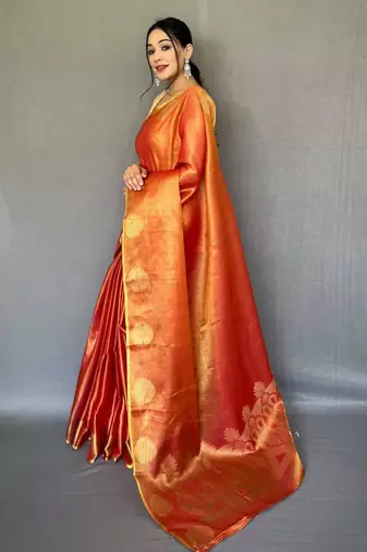 Orange tissue silk zari weaving border pallu saree with blouse