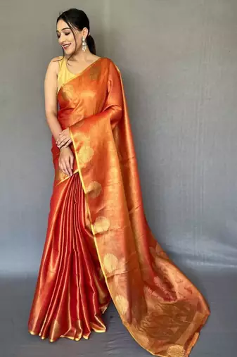 Orange tissue silk zari weaving border pallu saree with blouse