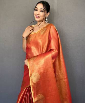 Orange tissue silk zari weaving border pallu saree with blouse 3