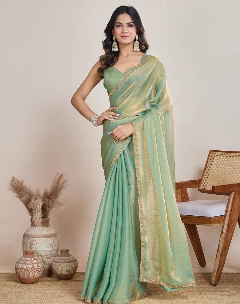 Mint green shimmer chiffon saree