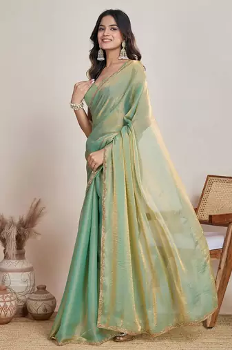 Mint green shimmer chiffon saree