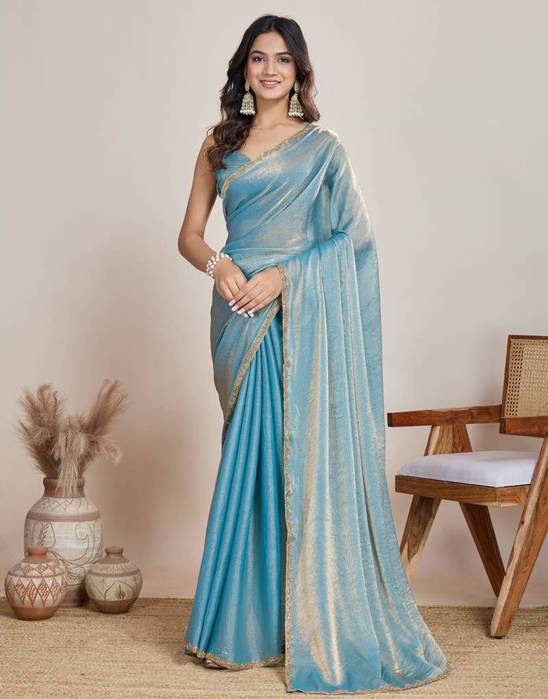 Blue shimmer chiffon saree
