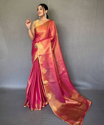 Pink tissue silk zari weaving border pallu saree with blouse 1