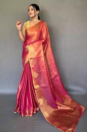 Pink tissue silk zari weaving border pallu saree with blouse