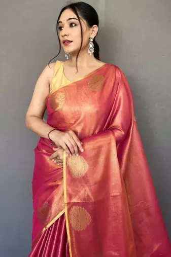 Pink tissue silk zari weaving border pallu saree with blouse