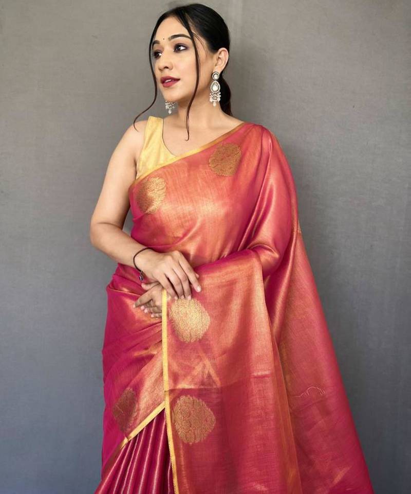 Pink tissue silk zari weaving border pallu saree with blouse