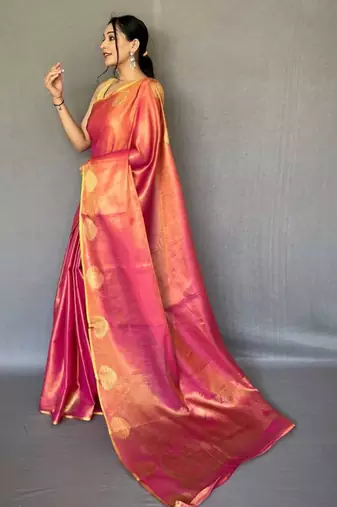 Pink tissue silk zari weaving border pallu saree with blouse