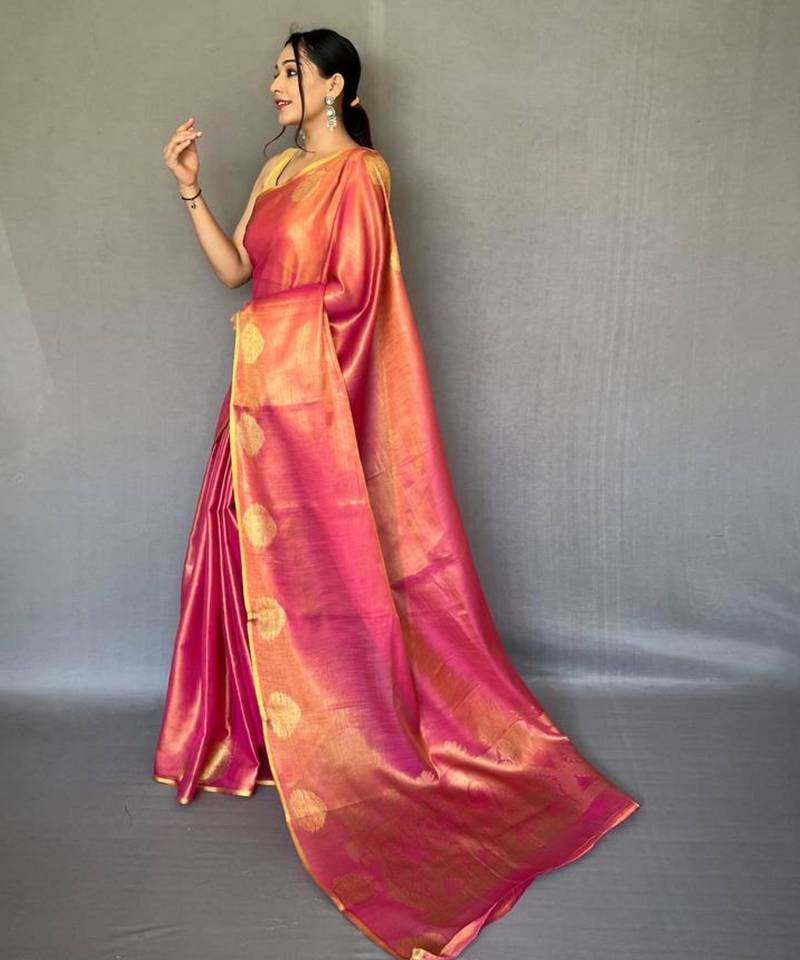Pink tissue silk zari weaving border pallu saree with blouse