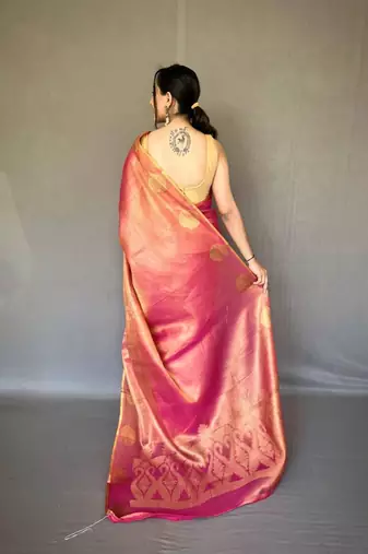 Pink tissue silk zari weaving border pallu saree with blouse
