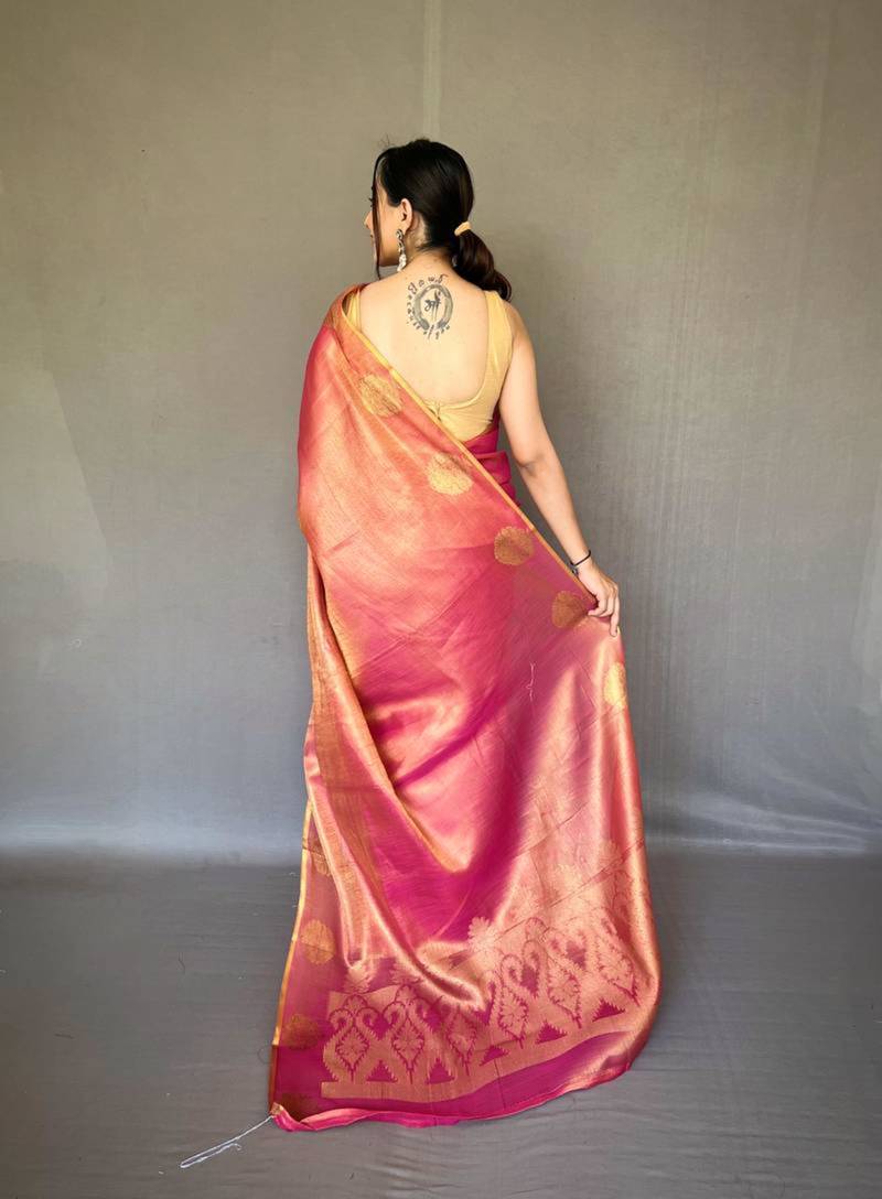 Pink tissue silk zari weaving border pallu saree with blouse