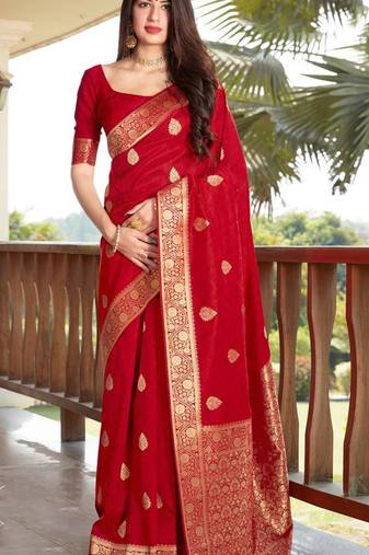 Red woven banarasi silk blend saree with blouse