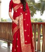 Red woven banarasi silk blend saree with blouse