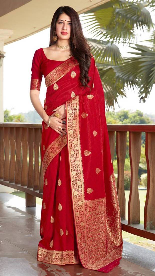 Red woven banarasi silk blend saree with blouse
