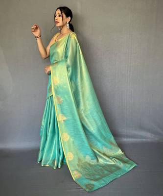 Sea blue tissue silk zari weaving border pallu saree with blouse 1