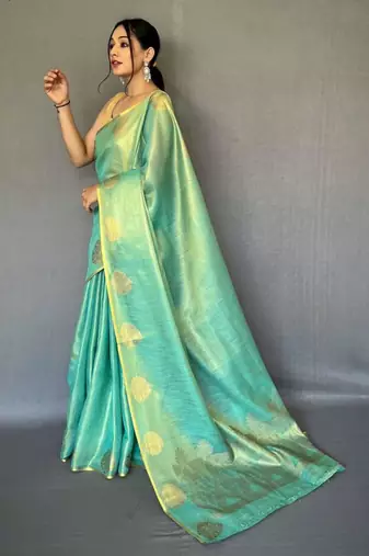 Sea blue tissue silk zari weaving border pallu saree with blouse