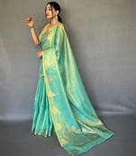 Sea blue tissue silk zari weaving border pallu saree with blouse