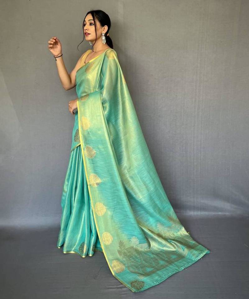 Sea blue tissue silk zari weaving border pallu saree with blouse