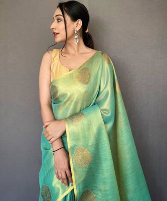 Sea blue tissue silk zari weaving border pallu saree with blouse 3