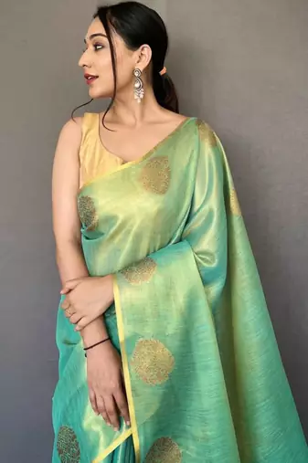 Sea blue tissue silk zari weaving border pallu saree with blouse