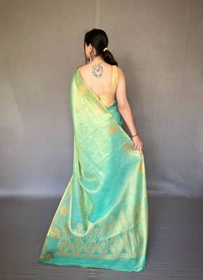 Sea blue tissue silk zari weaving border pallu saree with blouse 4