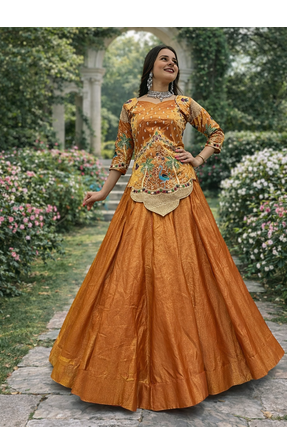 lehenga set orange silk satin embroidered festive wear 1