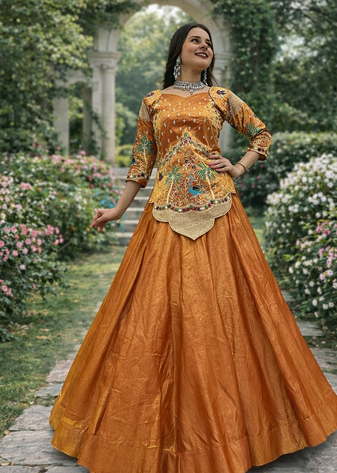 lehenga set orange silk satin embroidered festive wear