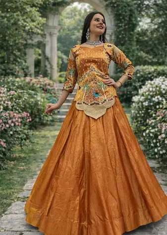 lehenga set orange silk satin embroidered festive wear
