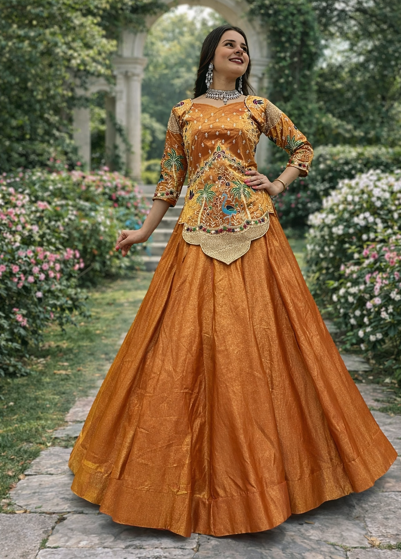 lehenga set orange silk satin embroidered festive wear