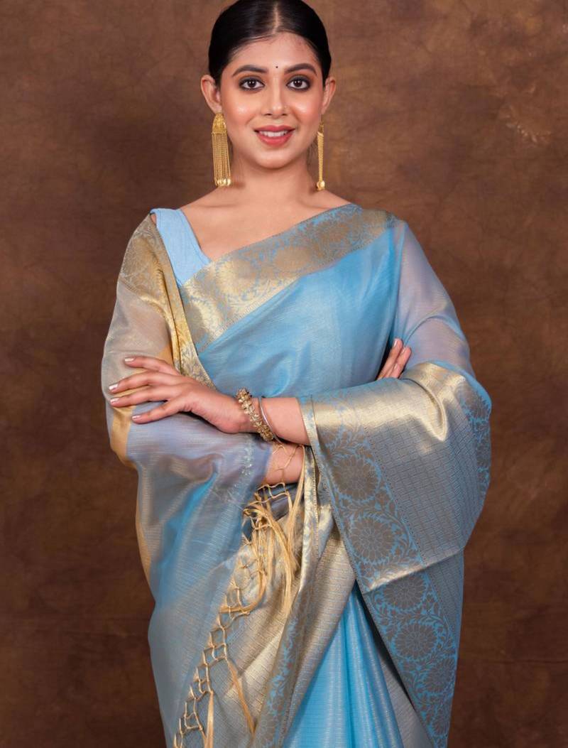 Light blue jaccard tissue silk blend saree with blouse