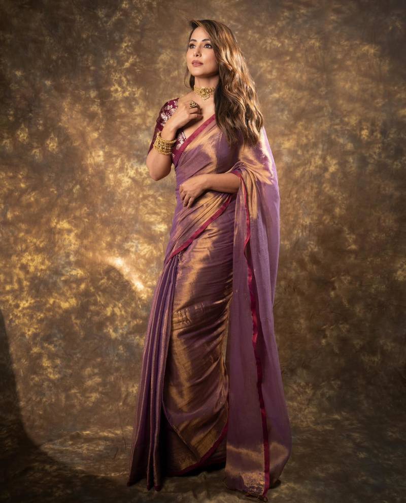 Rose gold shimmer silk blend saree