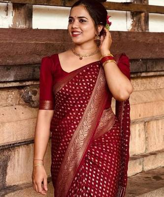 Deep maroon silk blend saree with zari butis 2