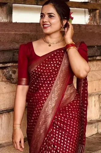 Deep maroon silk blend saree with zari butis