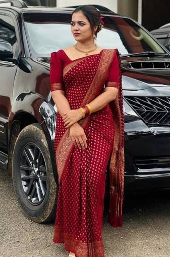 Deep maroon silk blend saree with zari butis