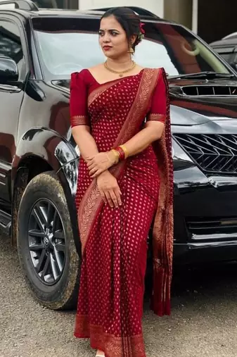 Deep maroon silk blend saree with zari butis