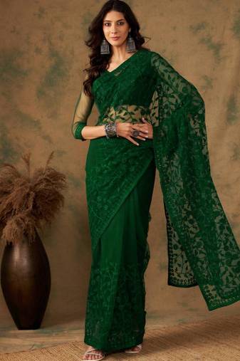 Emerald green net embroidered saree