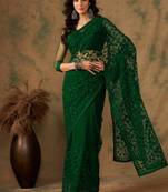 Emerald green net embroidered saree