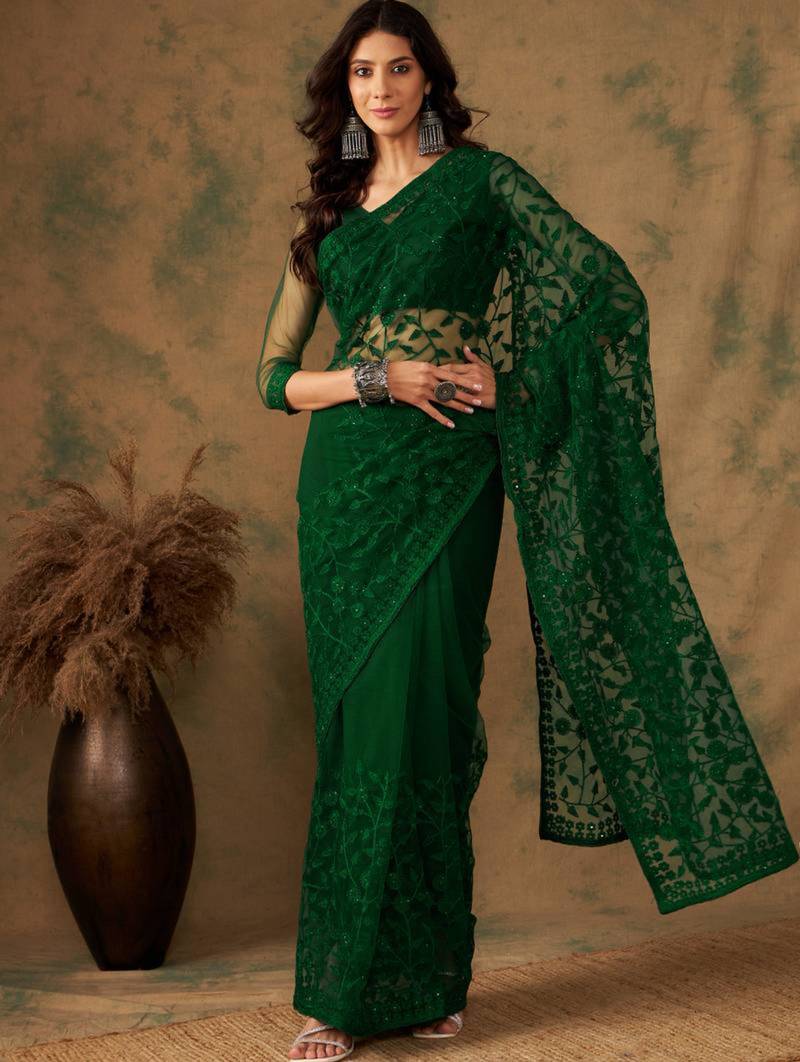 Emerald green net embroidered saree