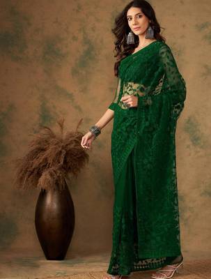 Emerald green net embroidered saree 2