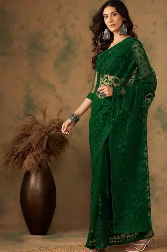 Emerald green net embroidered saree