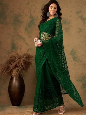 Emerald green net embroidered saree 3