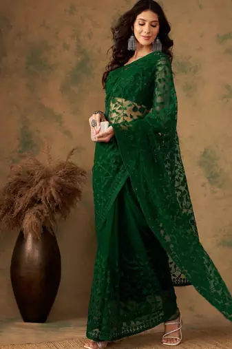 Emerald green net embroidered saree