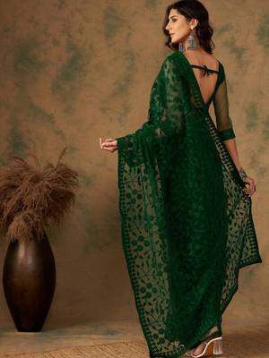 Emerald green net embroidered saree 4
