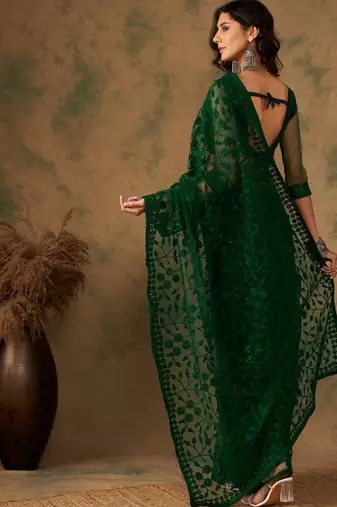 Emerald green net embroidered saree