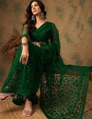 Emerald green net embroidered saree 5