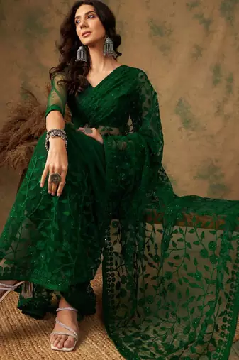 Emerald green net embroidered saree