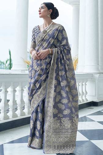 Slate blue linen cotton saree
