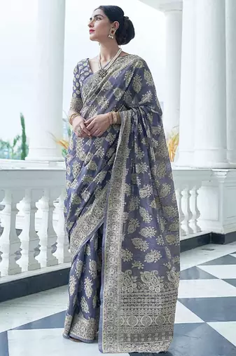 Slate blue linen cotton saree