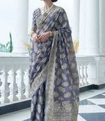 Slate blue linen cotton saree