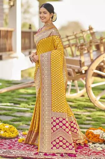 Mustard yellow banarasi silk blend saree