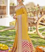 Mustard yellow banarasi silk blend saree